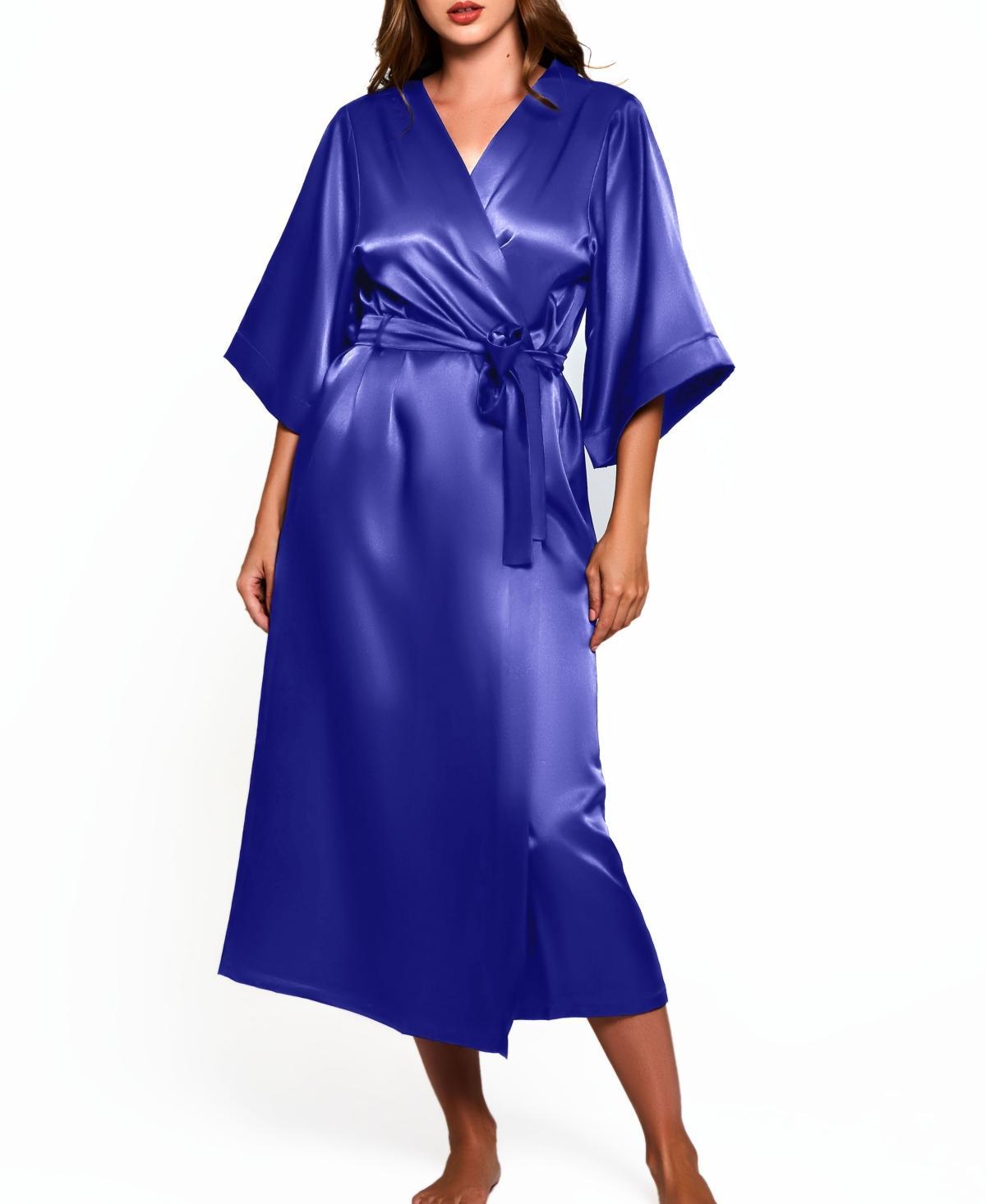 Womens Victoria Satin 3/4 Sleeve Long Robe - Blue Product Image