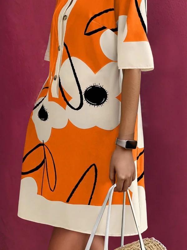 A-Line Half Sleeves Buttoned Contrast Color Flower Print Pockets Stand Collar Mini Dresses Product Image