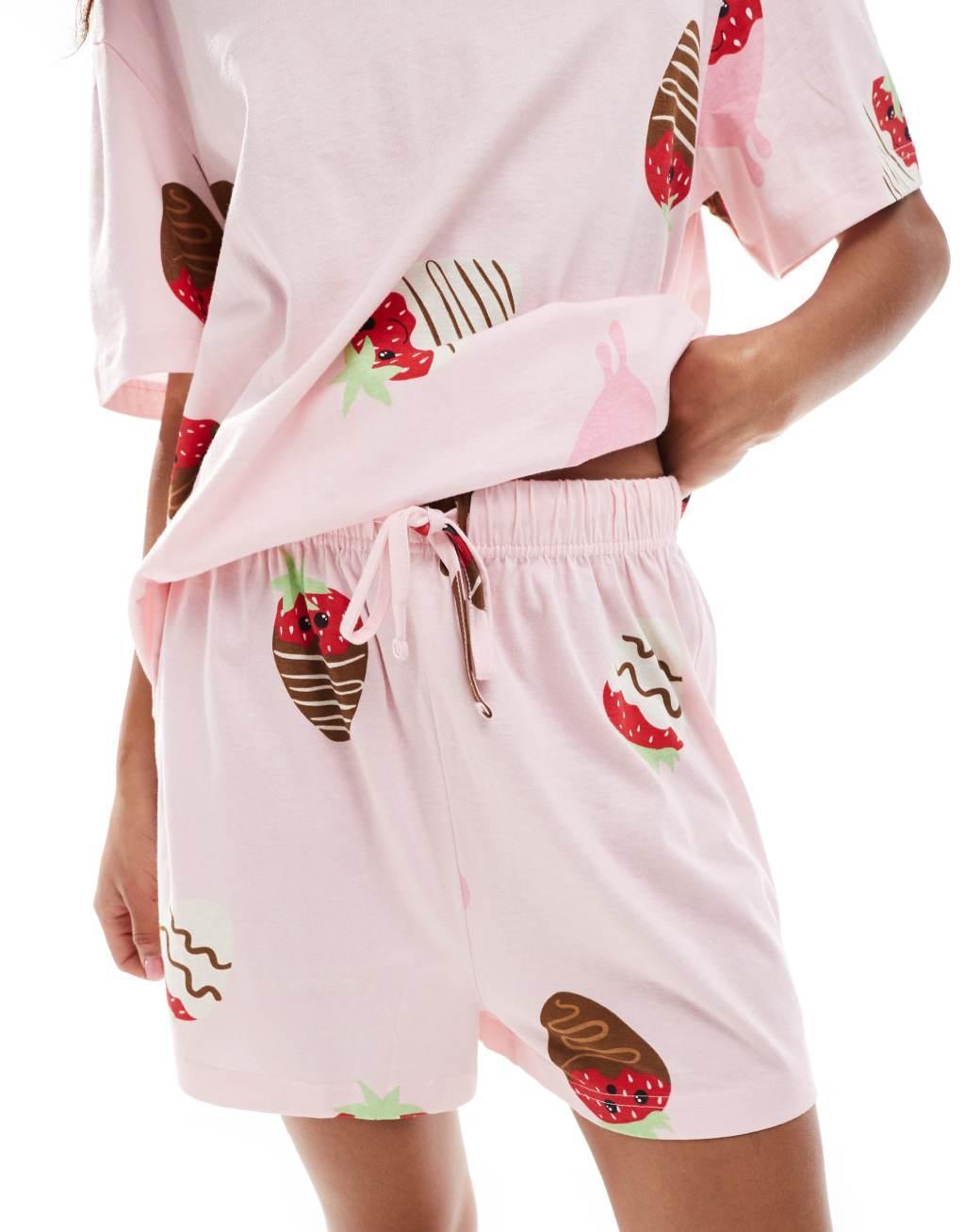 ASOS DESIGN valentines chocolate strawberry oversized tee & short pajama set in pink Product Image