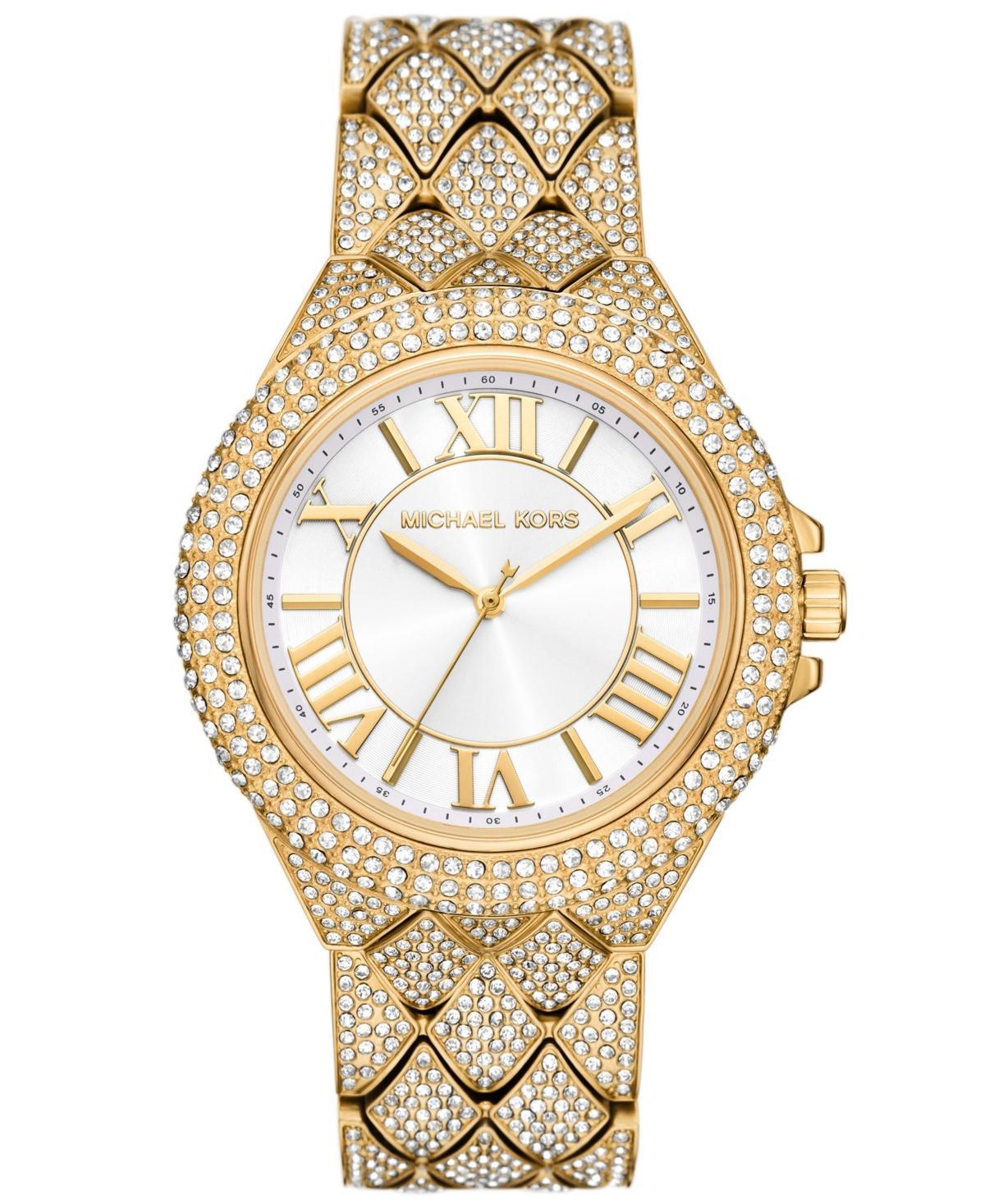 Michael Kors Womens Camille Crystal Three-Hand Pave Gold-Tone Stainless Steel Quilted Bracelet Watch Product Image