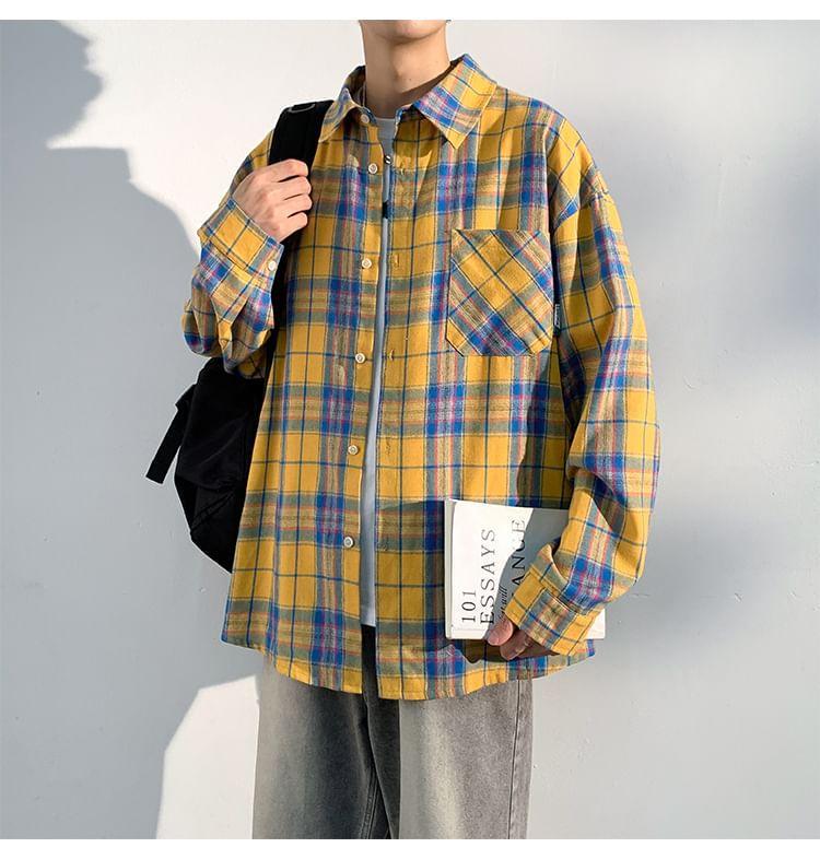 Long Sleeve Collared Plaid Shirt Product Image