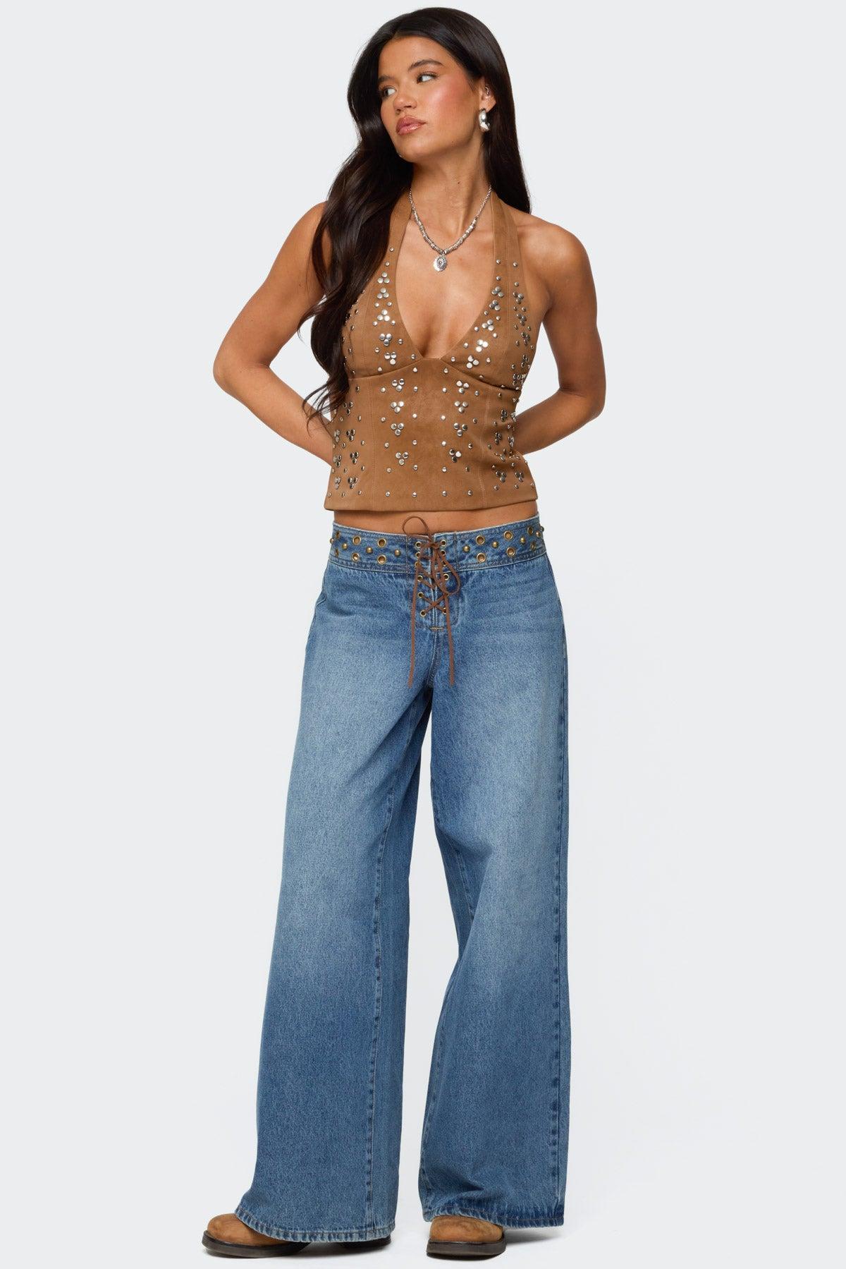 Xaria Studded Faux Suede Halter Top Product Image