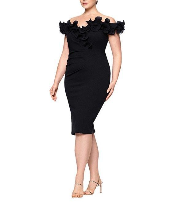 Xscape Plus Size Scuba Crepe V-Neck Sleeveless Wire Ruffle Trim Ruched Back Midi Dress Product Image