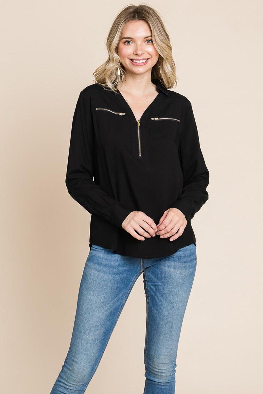 V Neck Front Zip Up Long Sleeve Top Female Product Image