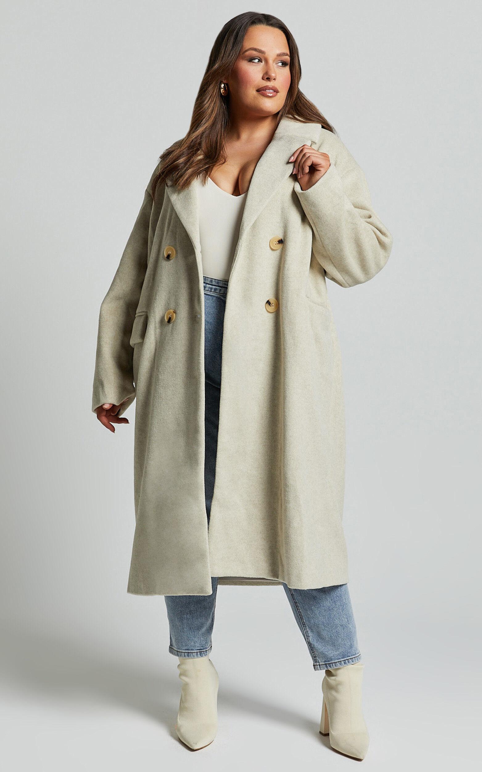 Libee Coat - Double Breasted Longline Coat in Oatmeal Product Image