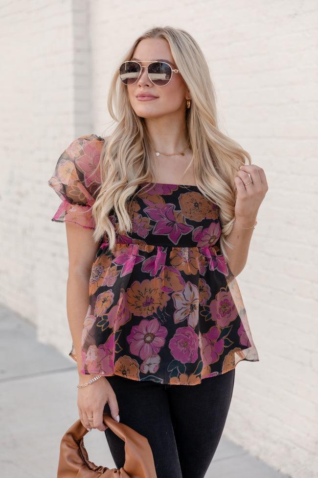 Something Beautiful Black Floral Print Tulle Blouse FINAL SALE Product Image