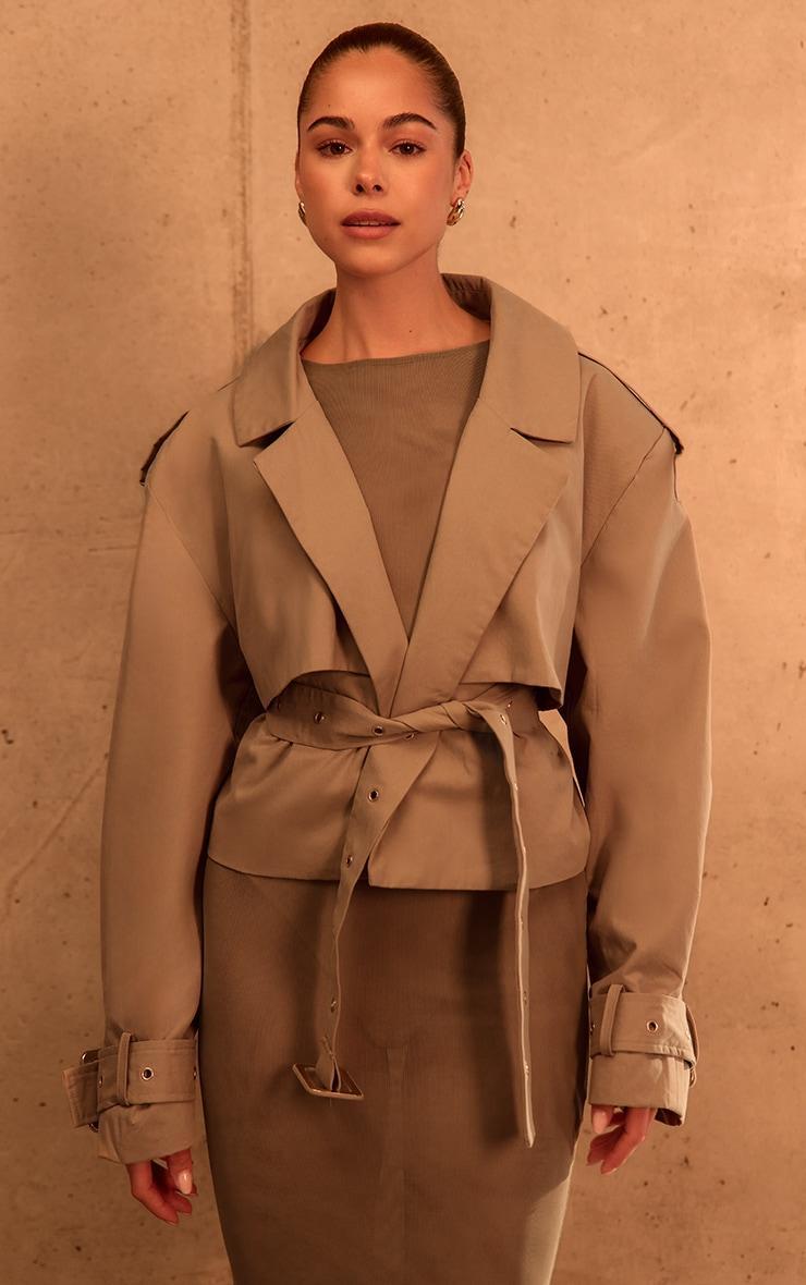 PLT Label Taupe Belt Detail Cropped Trench Coat Product Image