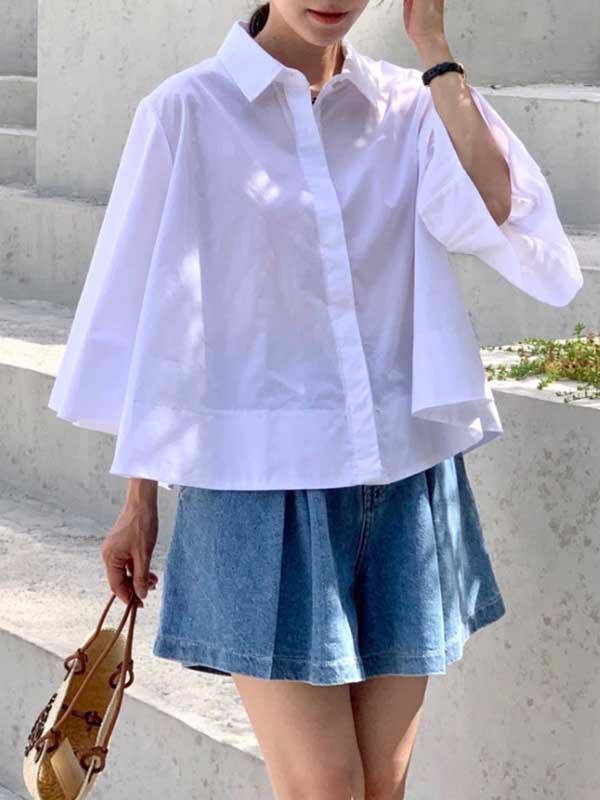 A-Line Flared Sleeves Buttoned Pleated Solid Color Lapel Blouses&Shirts Tops Product Image