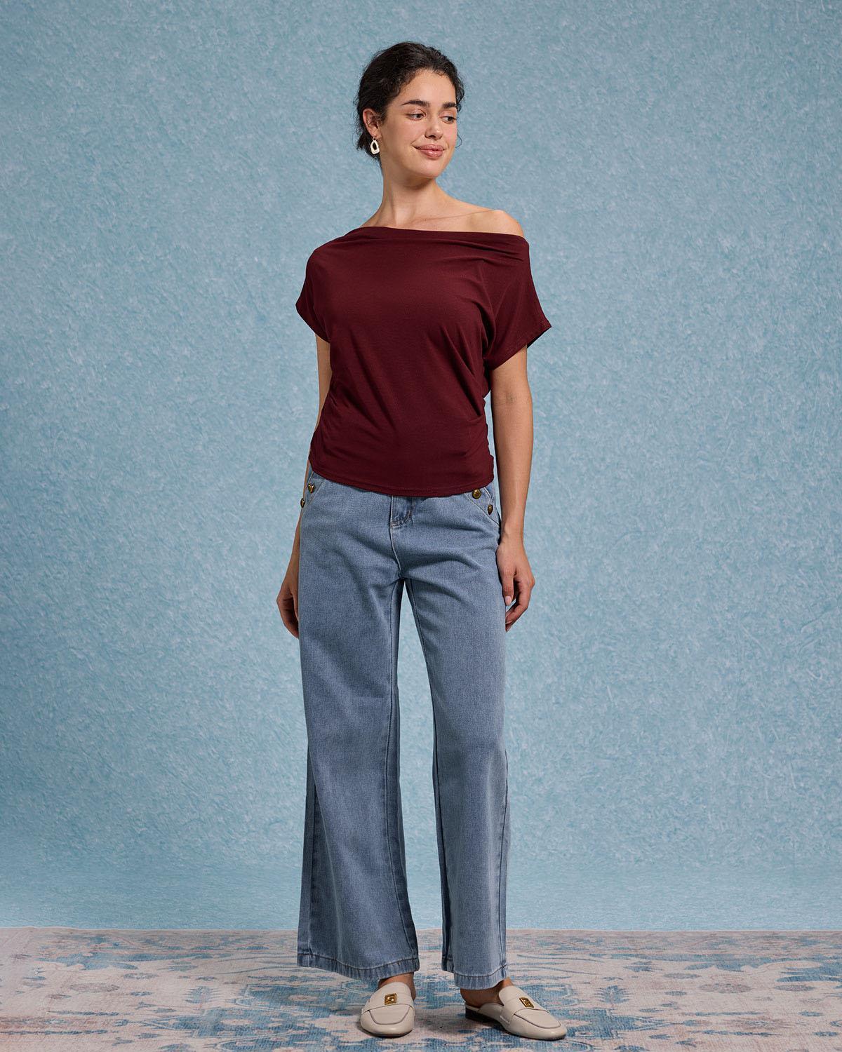 Red Cowl Sleeve Off The Shoulder Tee Product Image