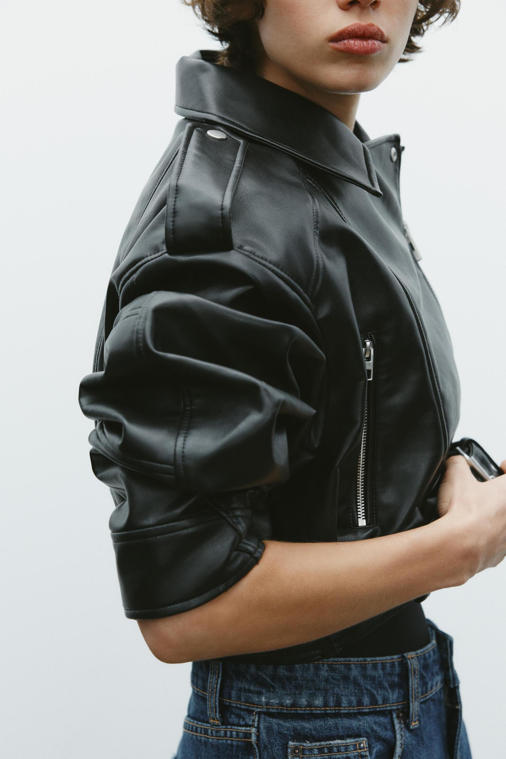 FAUX LEATHER CROP BIKER JACKET Product Image