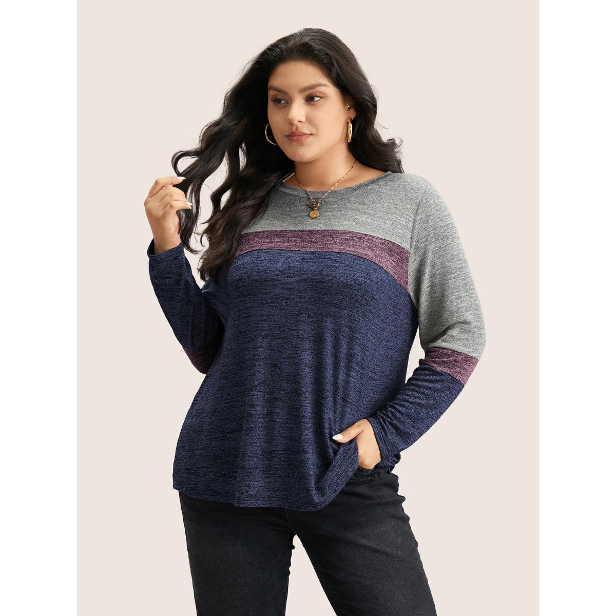 Plus Size Heather Colorblock Contrast Crew Neck T-shirt Blue Women Casual Texture Plain Round Neck Everyday T-shirts BloomChic 14-16/1X Product Image