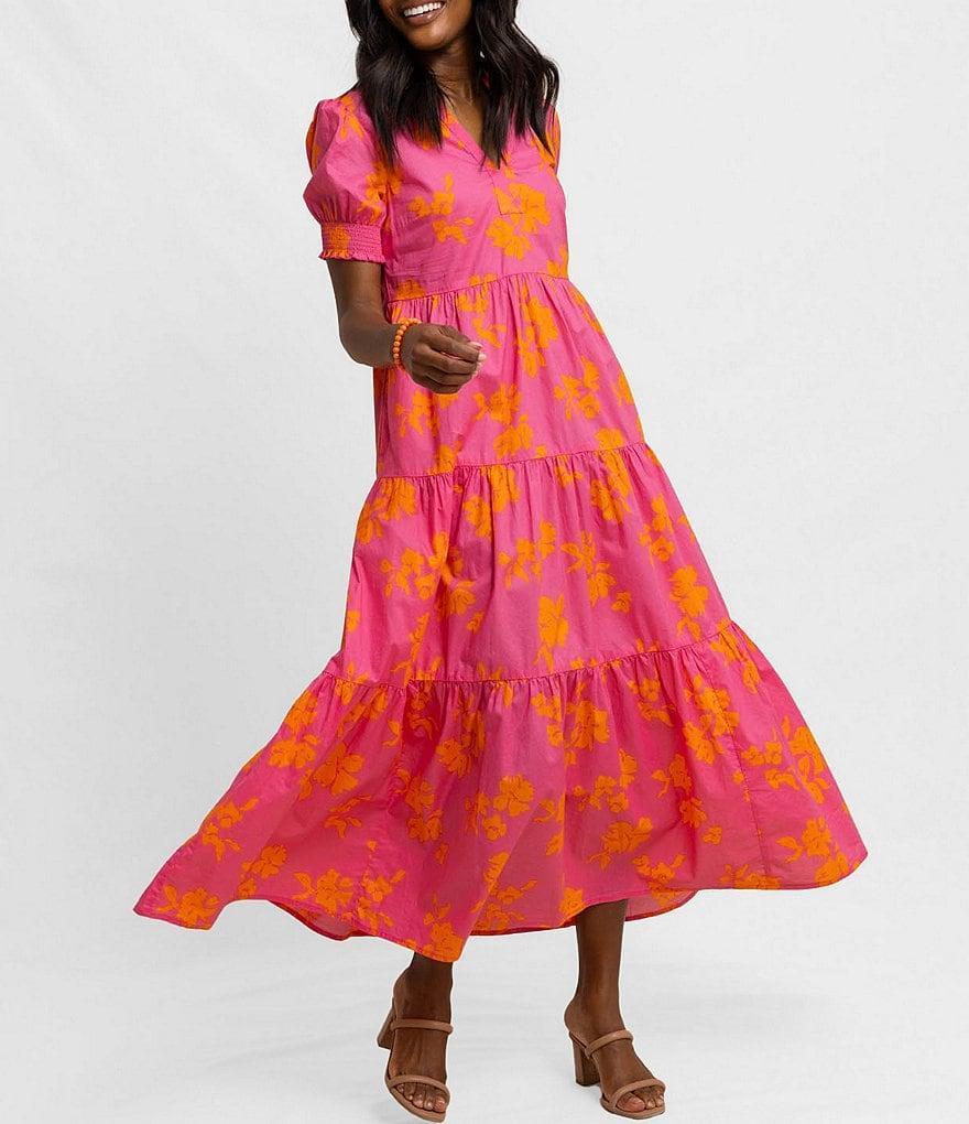 Southern Tide Nadine Printed V-Neck Smocked Short Sleeve Maxi Dress Product Image