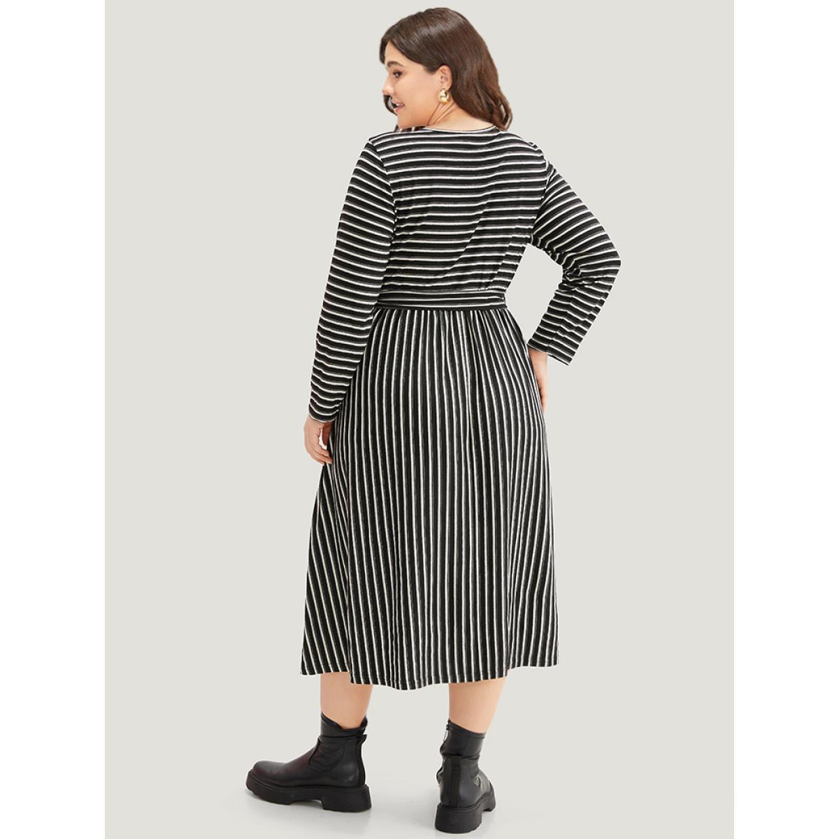 Plus Size Striped Round Neck Belted Dress Black Women Casual Belted Round Neck Long Sleeve Curvy Midi Dress BloomChic 26/4X Product Image