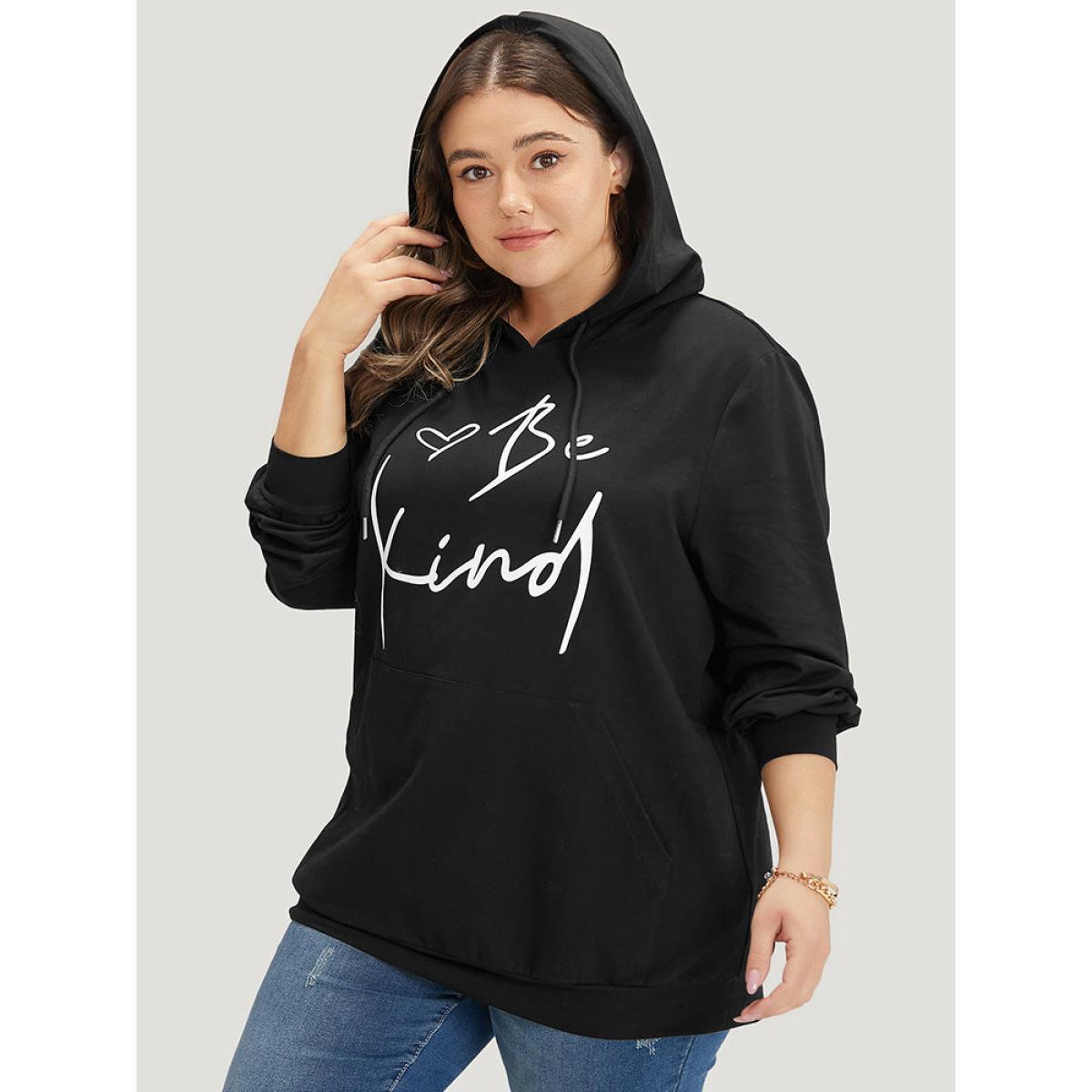 Plus Size Letter Print Pocket Drawstring Hooded Sweatshirt Women Black Casual Elastic cuffs Dailywear Sweatshirts BloomChic 12/L Product Image