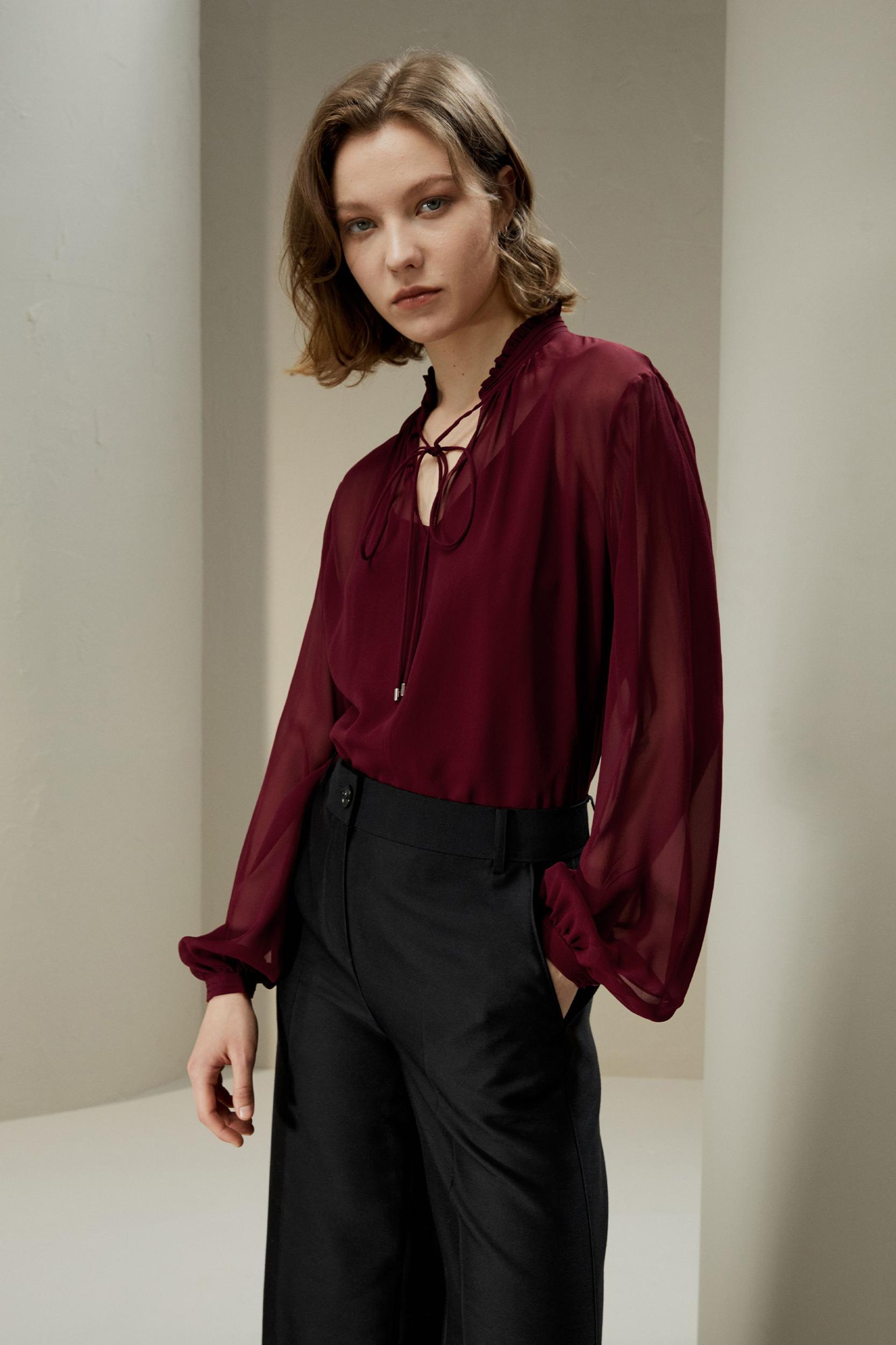 Tie Front Drawstring Georgette Blouse Product Image