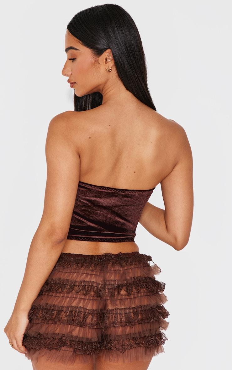 Petite Chocolate Bandeau Velvet Corset With Lace Details Product Image