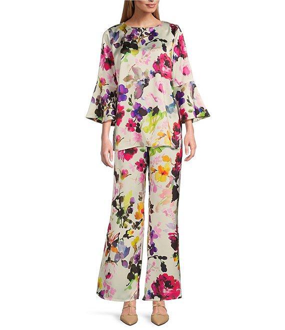 Caroline Rose Bella Floral Satin Scoop Neck 3/4 Soft Bell Sleeve Coordinating A-Line Tunic Product Image