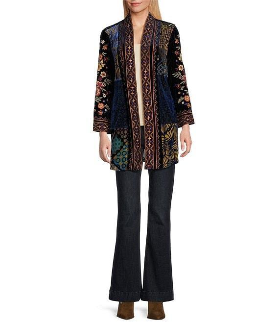 John Mark Patched Burnout Velvet 3/4 Sleeve Open Front Jacket Product Image