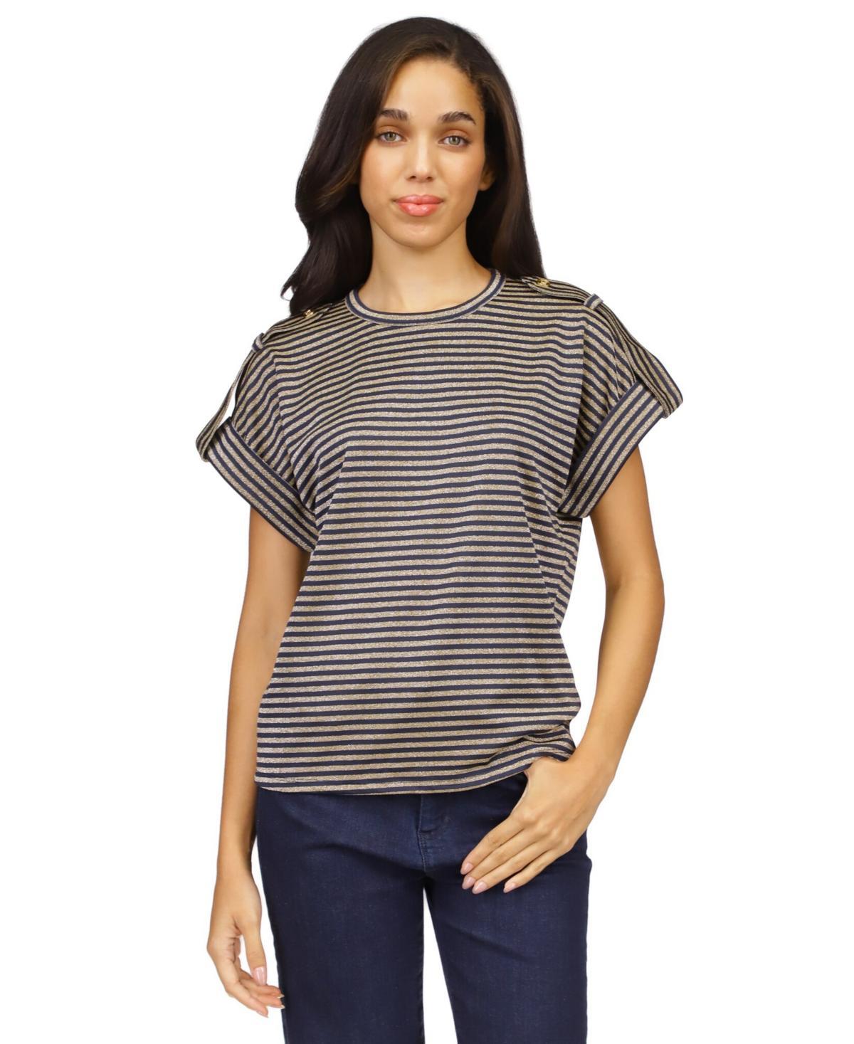 MICHAEL Michael Kors Stripe Snap Epaulette T-Shirt (Midnight Blue/Gold) Women's Clothing Product Image