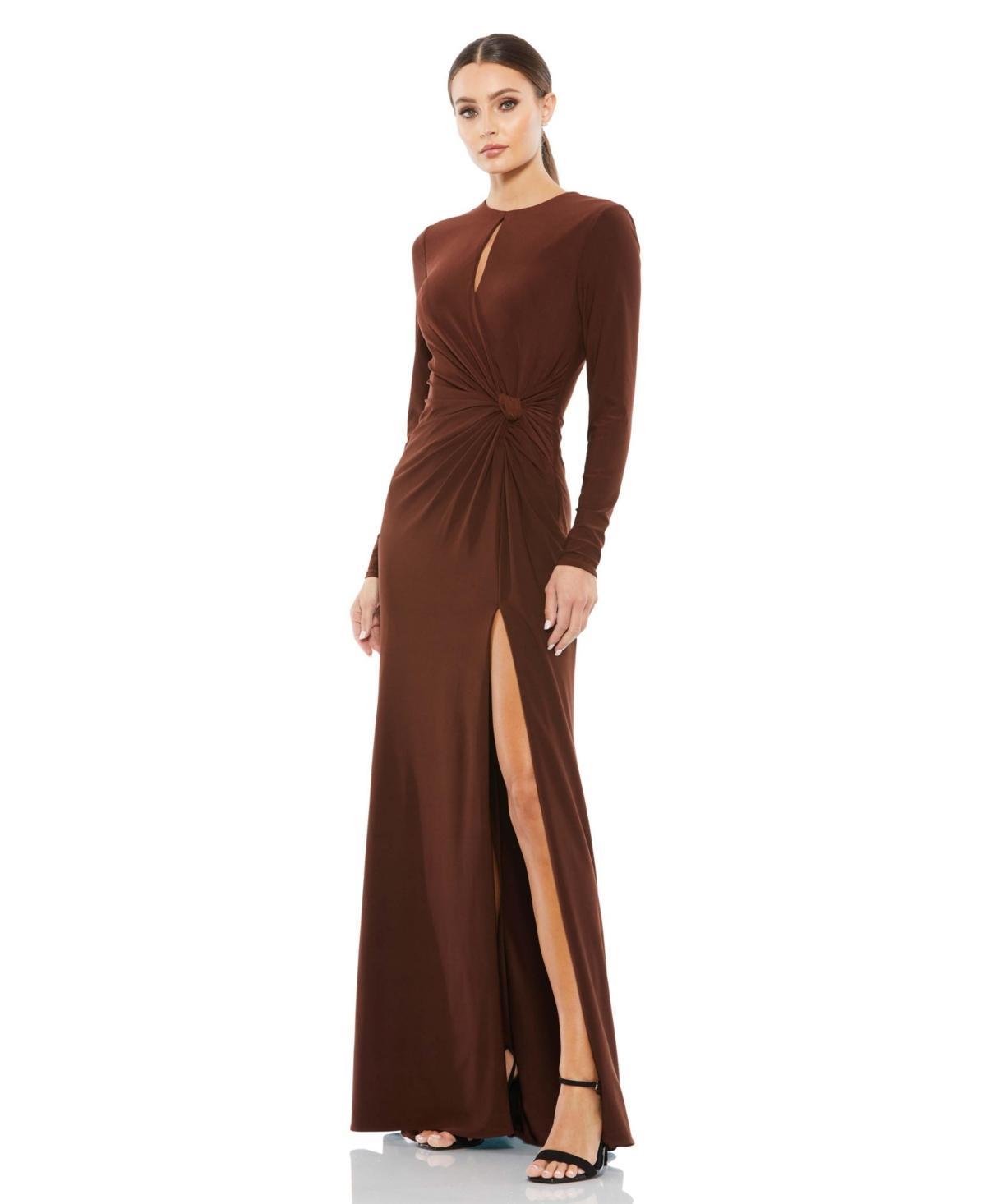 Womens Long-Sleeve Draped Keyhole Gown Product Image