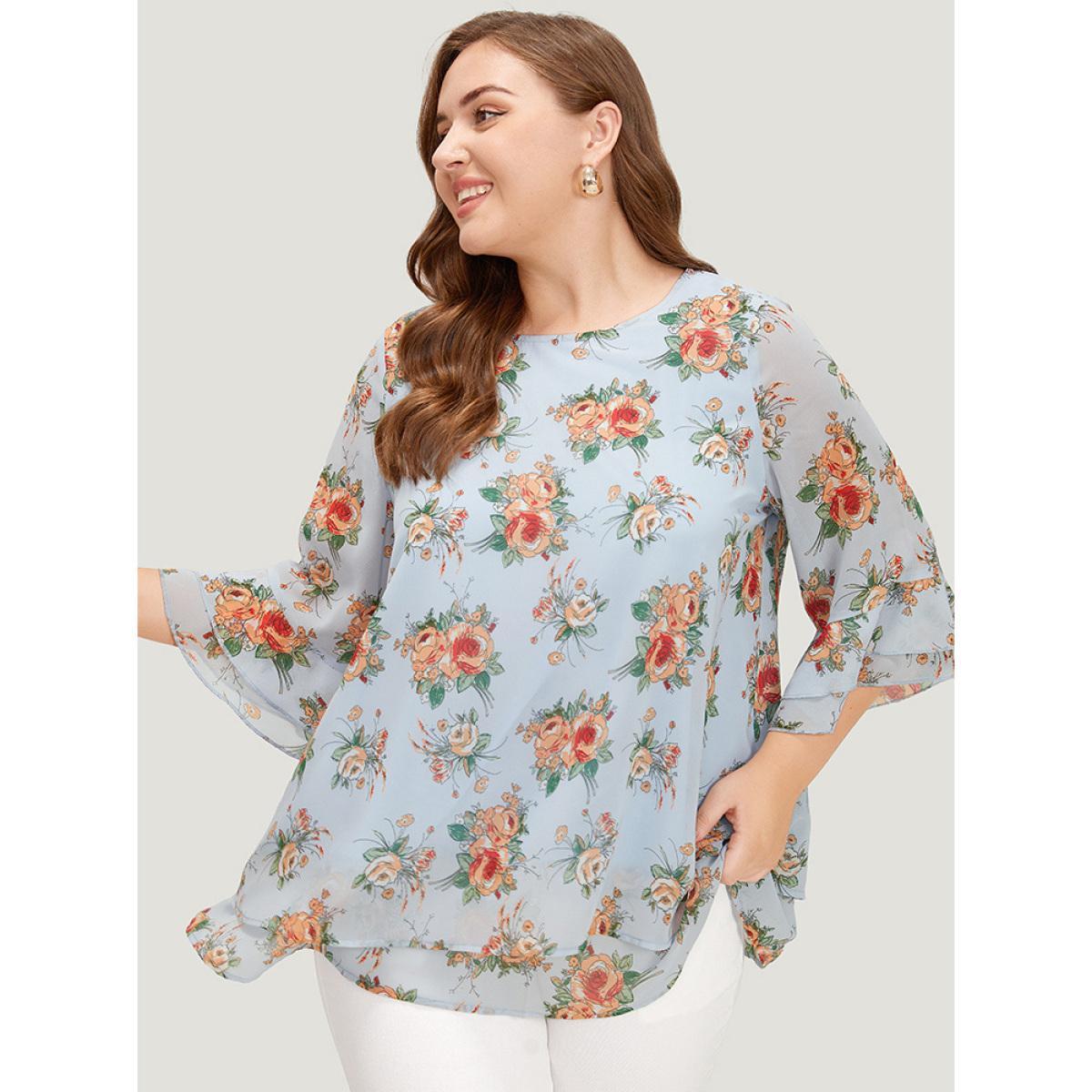 Plus Size LightBlue Floral Ruffle Sleeve Layered Hem Blouse Women Elegant Elbow-length sleeve Round Neck Dailywear Blouses BloomChic 22-24/3X Product Image