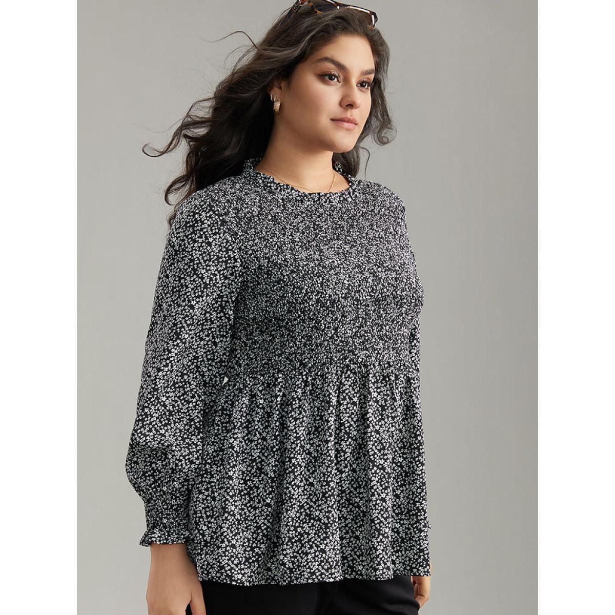 Plus Size Black Ditsy Floral Stand Collar Shirred Frill Trim Blouse Women Elegant Long Sleeve Stand-up collar Dailywear Blouses BloomChic 10/M Product Image