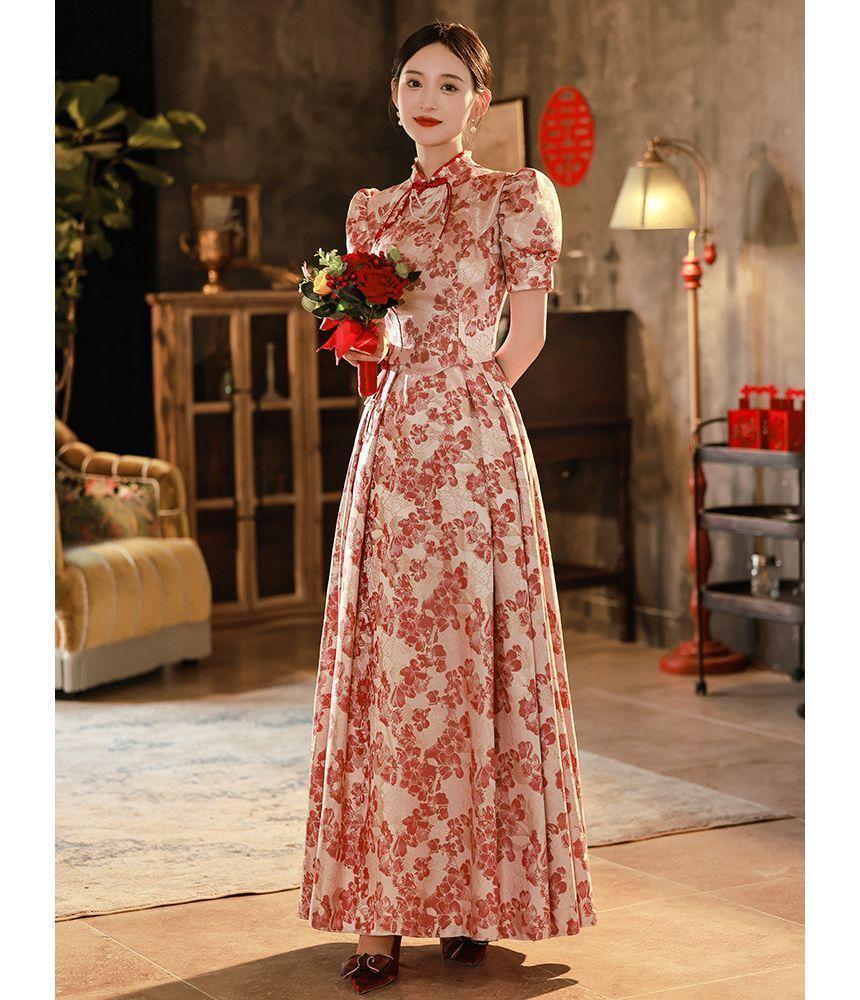 Short-Sleeve Floral Embroidered Bridal Qipao Evening Gown Product Image