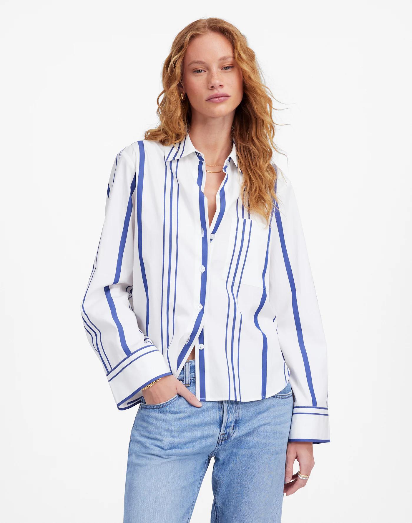 Plus Poplin Easy Y-Neck Button-Up Shirt Product Image