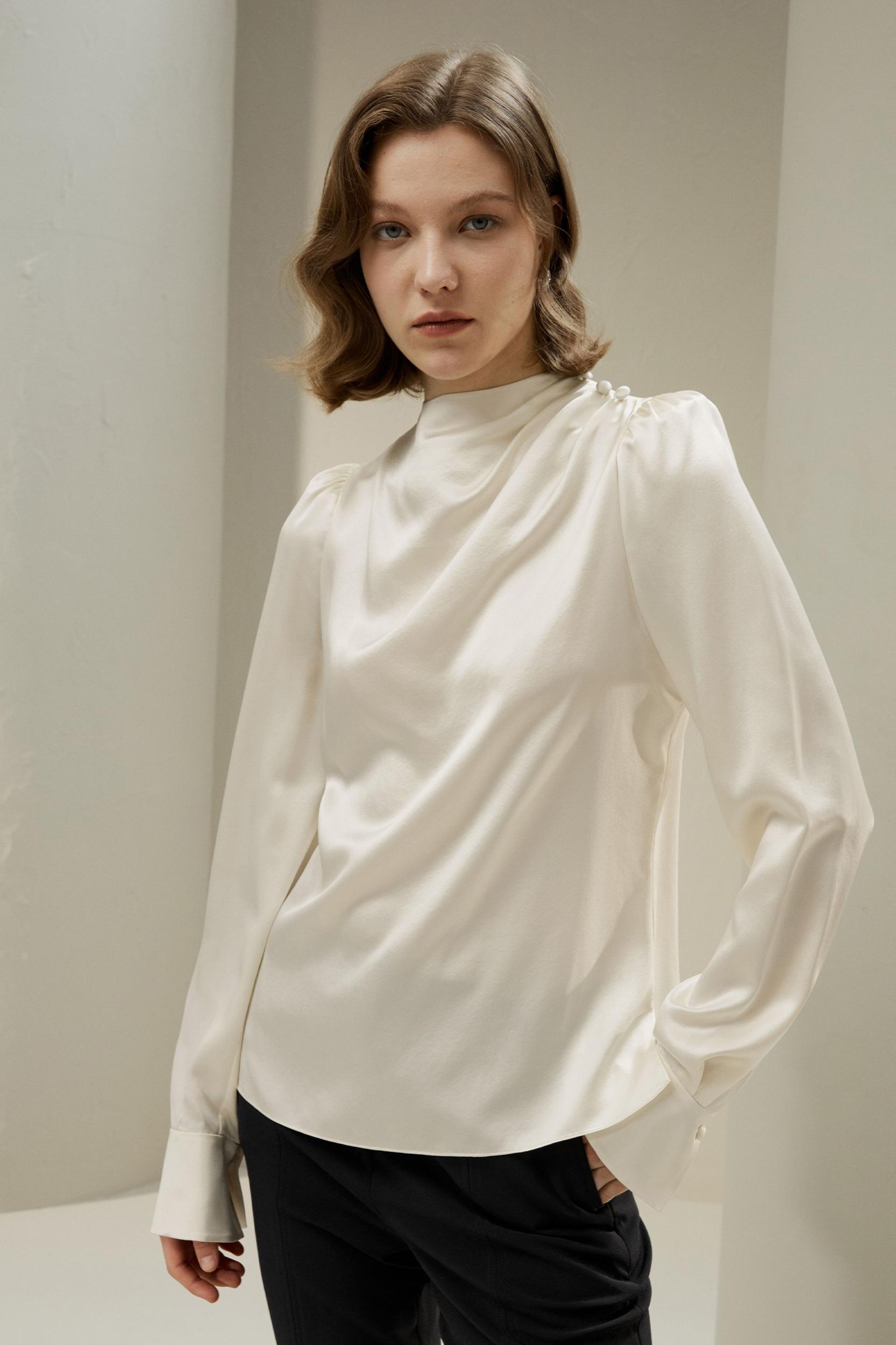 Asymmetrical Silk Blouse with Puff Sleeves Product Image