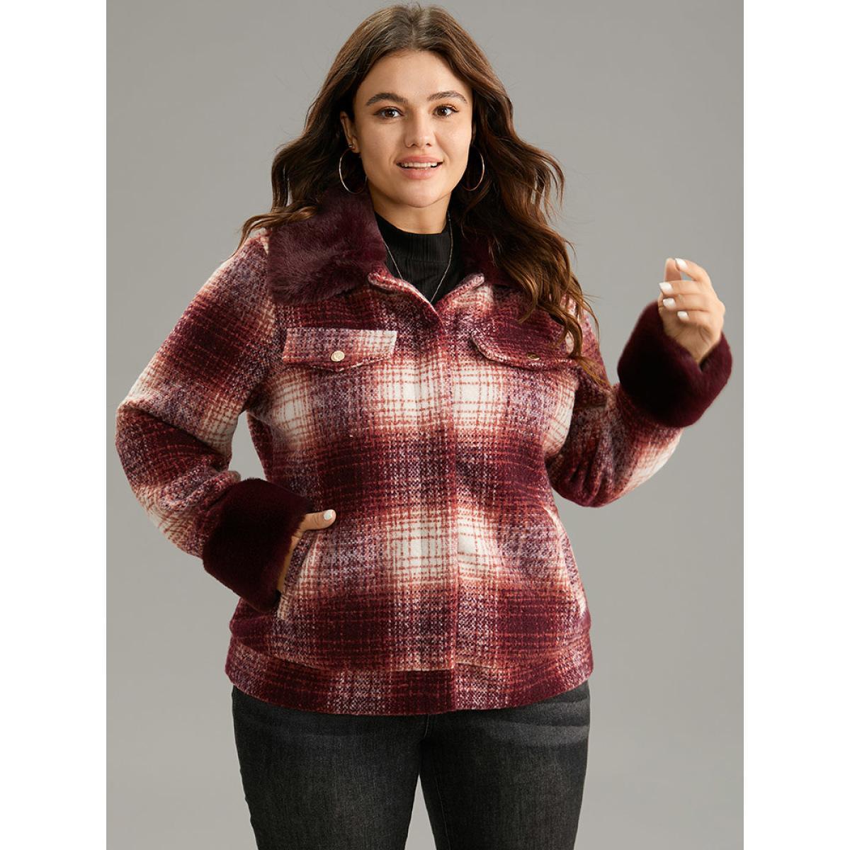 Plus Size Plaid Patchwork Button Through Fuzzy Trim Jacket Women Multicolor Lined Pocket Dailywear Jackets BloomChic 26/4X Product Image
