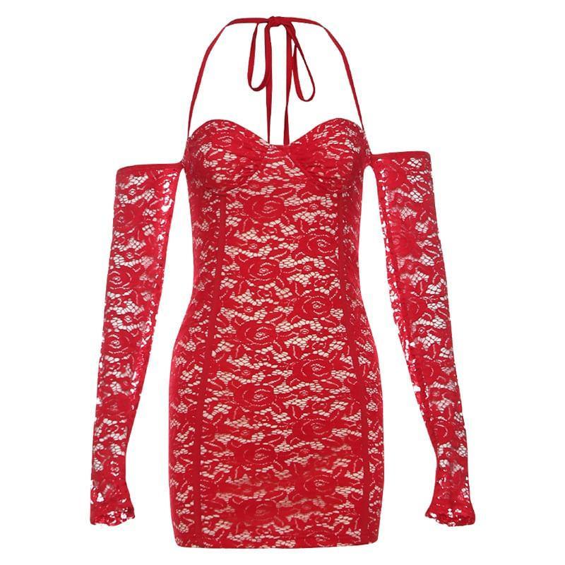 Long-Sleeve Halter Neck Lace Mini Bodycon Dress Product Image