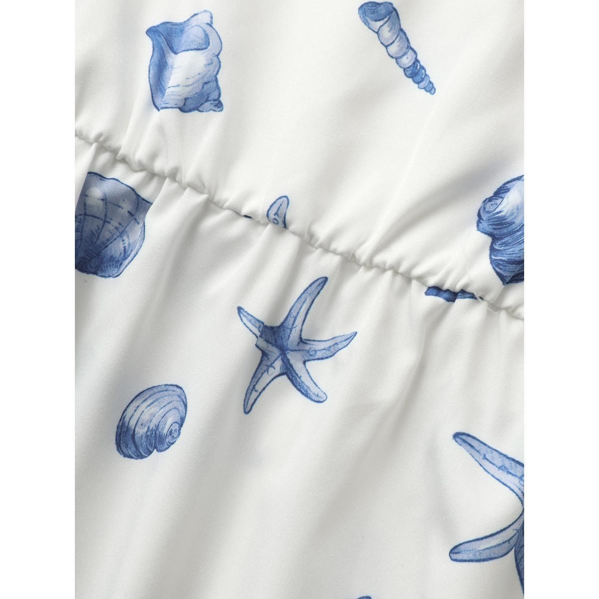 Plus Size Skyblue Square Neck Marine Elements Contrast Webbing Blouse Women Resort Half Sleeve Square Neck Vacation Blouses BloomChic 10/M Product Image