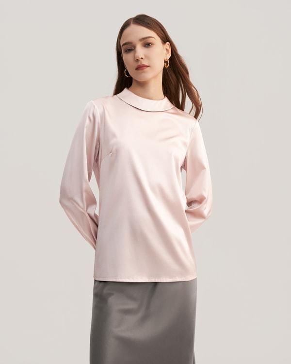 Stand Collar Long Sleeves  Silk Blouse Product Image
