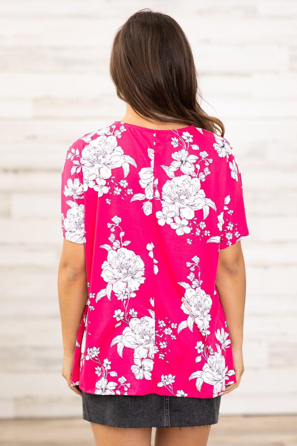 Hot Pink and White Floral Print V-Neck Top Product Image