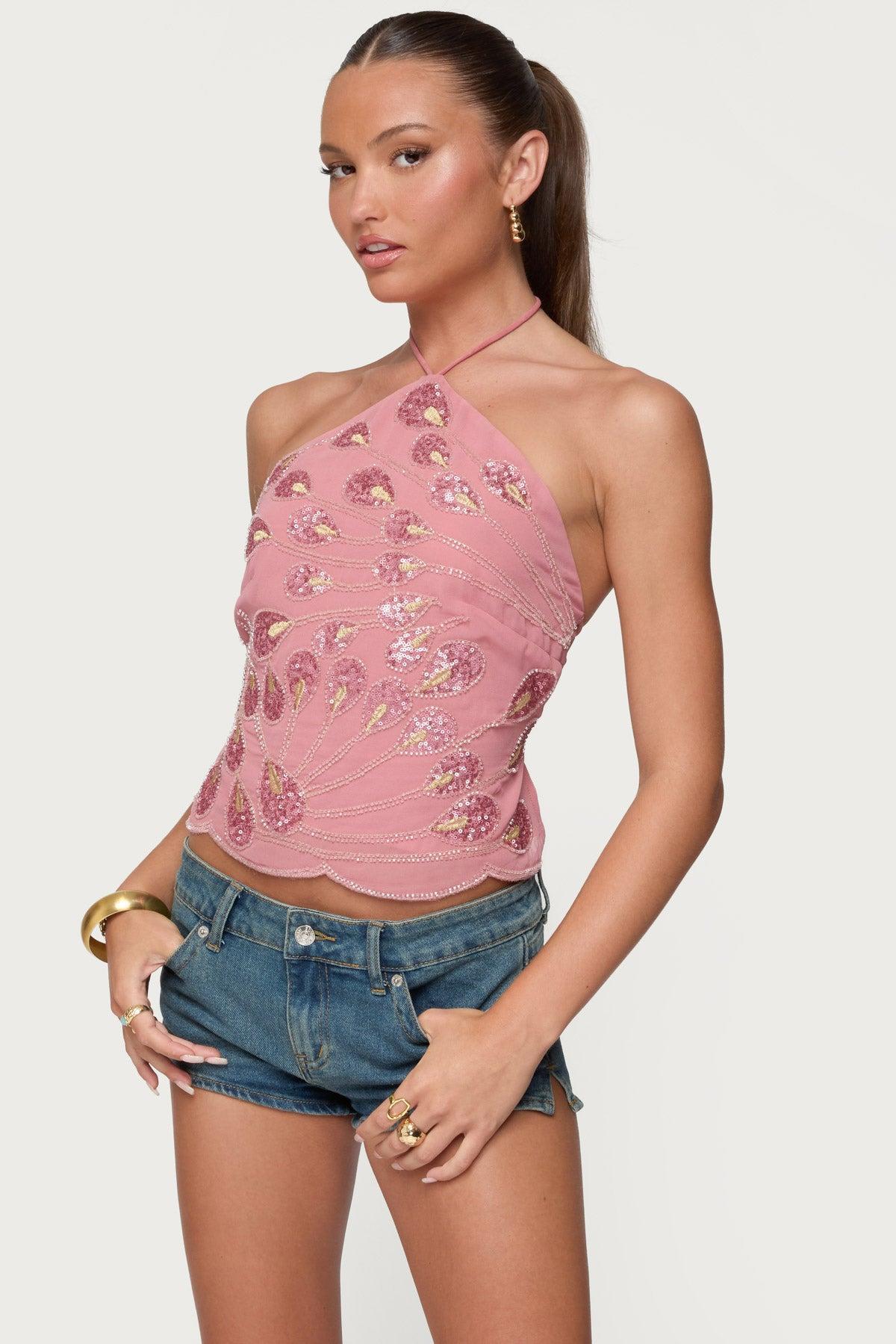 Embroidered Bead & Sequin Halter Top Product Image