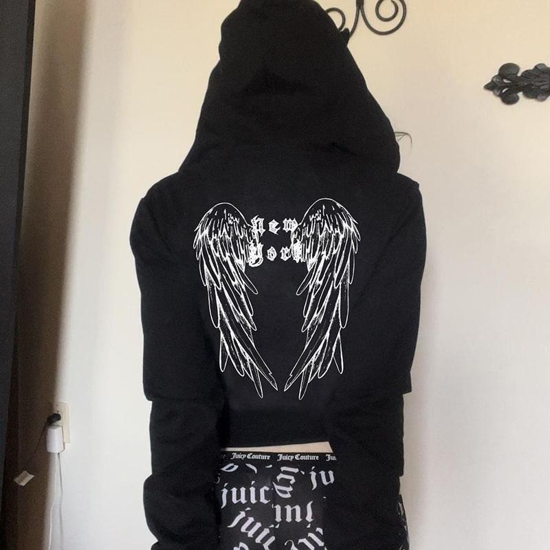 Long Sleeve Wings Print Zip-Up Loose-Fit Hooded Jacket Product Image