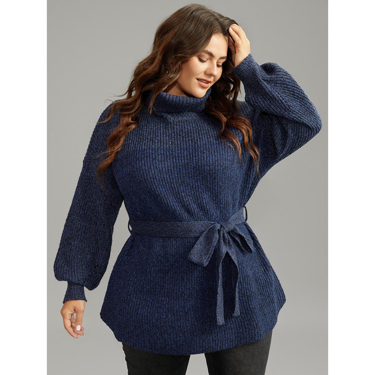 Plus Size Turtle Neck Belted Drop Shoulder Pullover Navy Women Casual Loose Long Sleeve Lapel Collar Dailywear Pullovers BloomChic 10/M Product Image