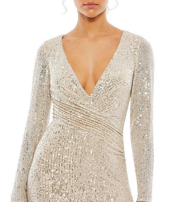 Mac Duggal Long Sleeve V-Neck Sequin Faux Wrap Gown Product Image