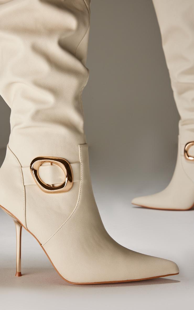 Cream PU Gold Buckle Point Toe High Stiletto Over The Knee Boots Product Image