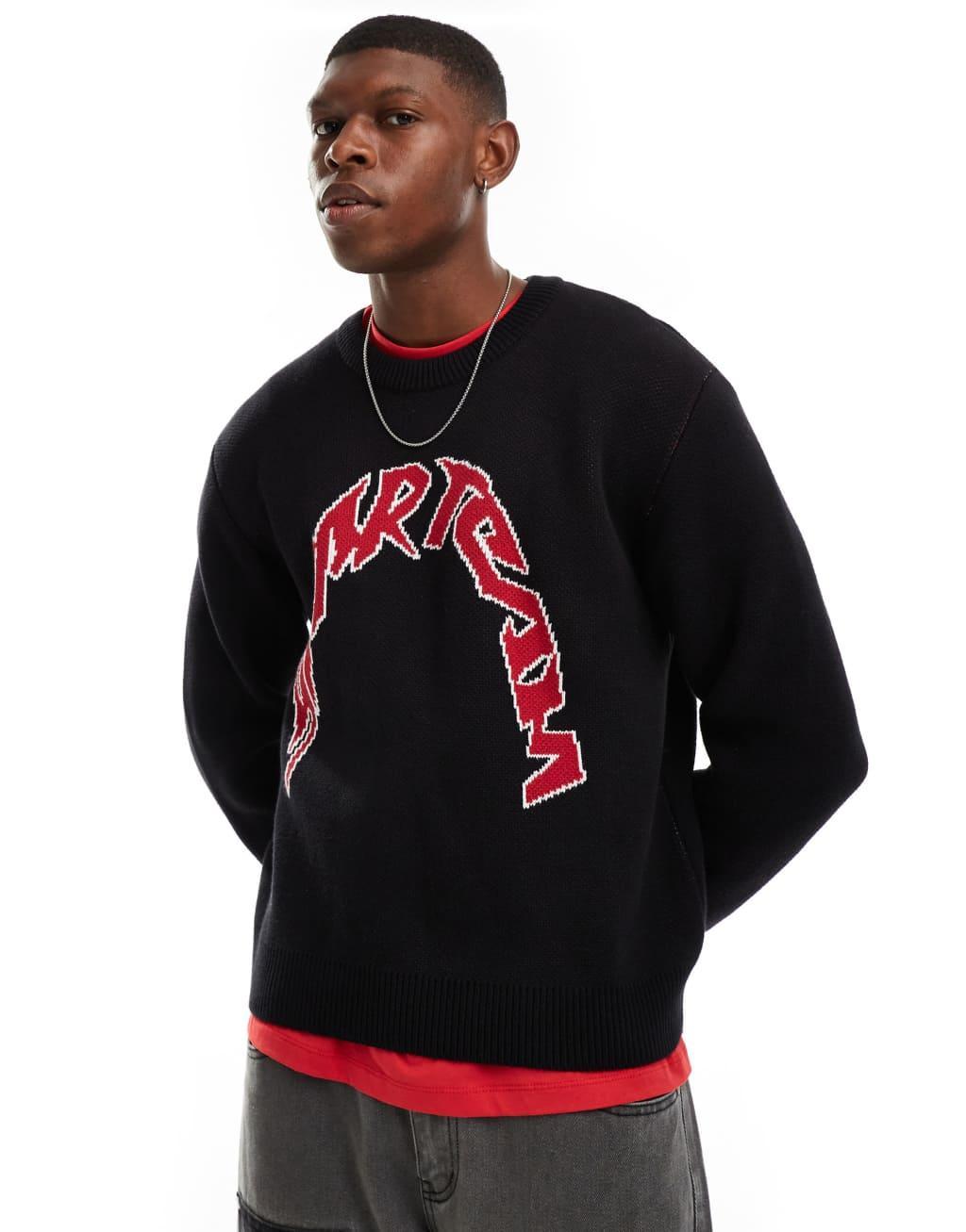 Weekday Emilio sweater with varsity style jacquard graphic in red Product Image