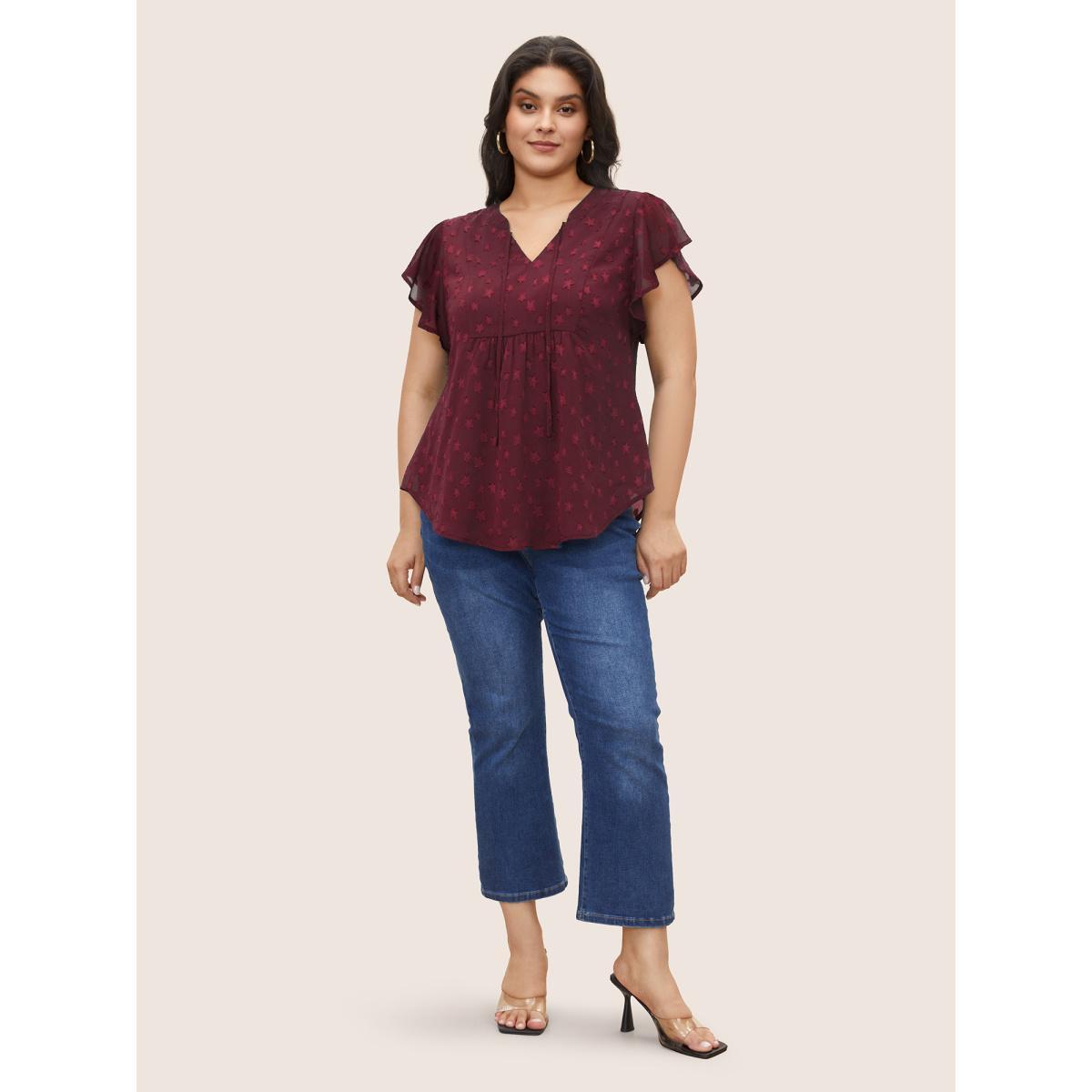 Plus Size Burgundy Star Mesh Gathered Ruffle Sleeve Blouse Women Timeless Cap Sleeve V-neck Elegant Blouses BloomChic 22-24/3X Product Image