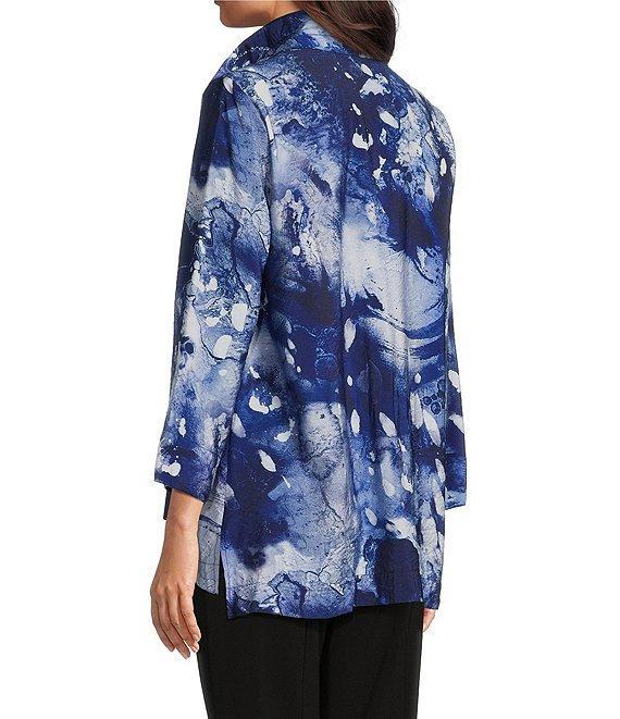 Ali Miles Woven Abstract Print Wire Collar 3/4 Sleeve Hi-Low Hem Button Front Tunic Product Image