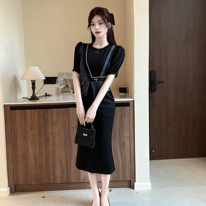 Mock Two-Piece Short-Sleeve Denim Panel Midi Sheath Dress Product Image