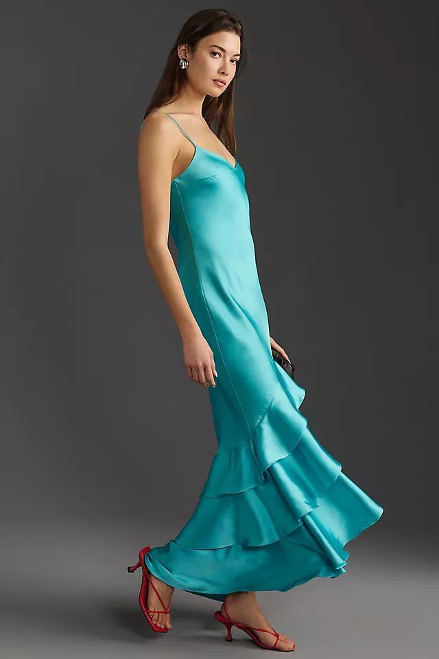 ML Monique Lhuillier Lenora Satin Ruffle Maxi Dress Product Image