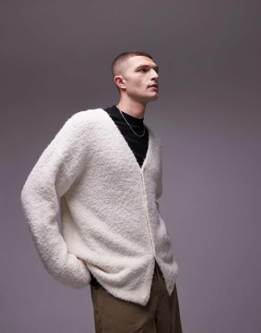 Topman relaxed fit boucle cardigan in oatmeal Product Image