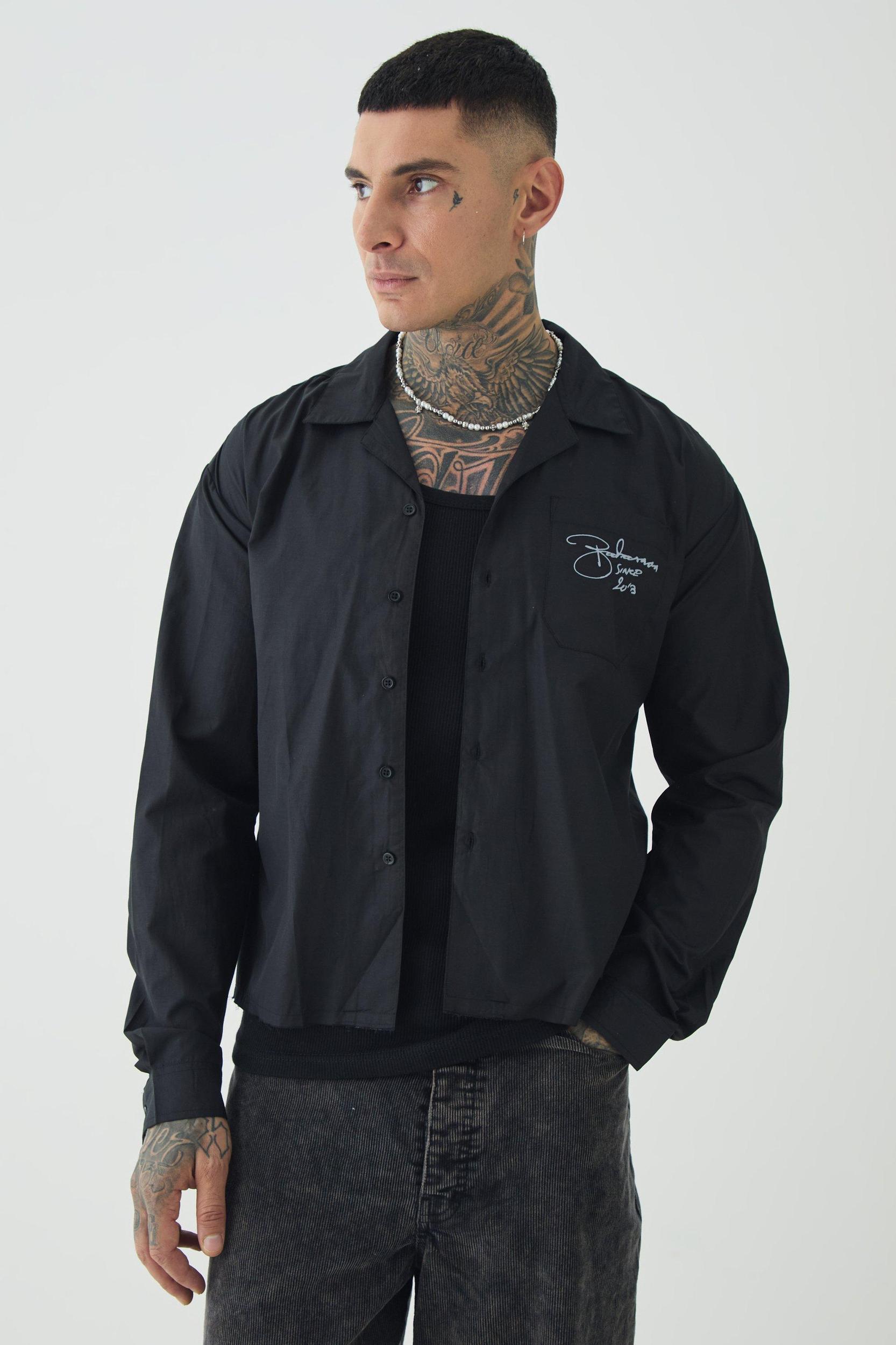 Tall Oversized Script Graphic Boxy Long Sleeve Revere Shirt | boohooMAN USA Product Image