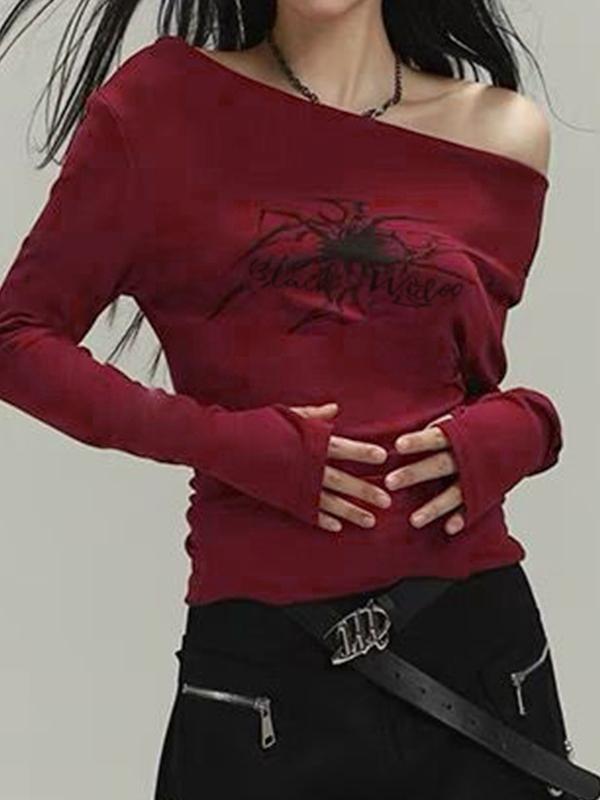 Off Shoulder Graphic Print Slim Long Sleeve Tee Product Image
