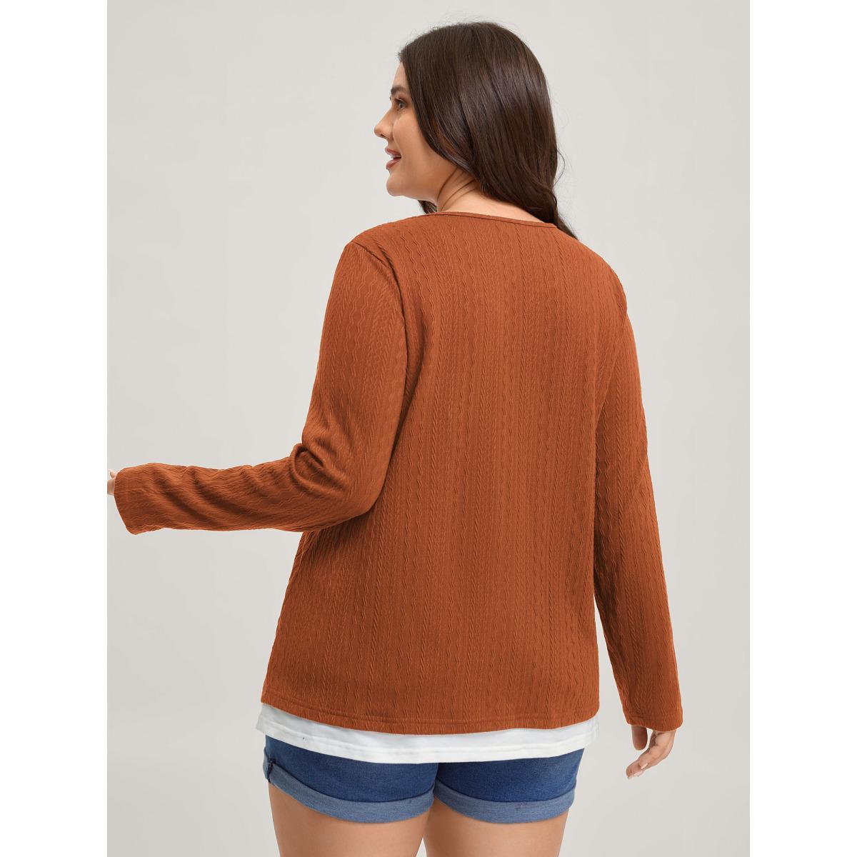 Plus Size Textured Spliced Round Neck Solid T-Shirt OrangeRed Women Leisure Round Neck Casual T-shirts BloomChic 10/M Product Image