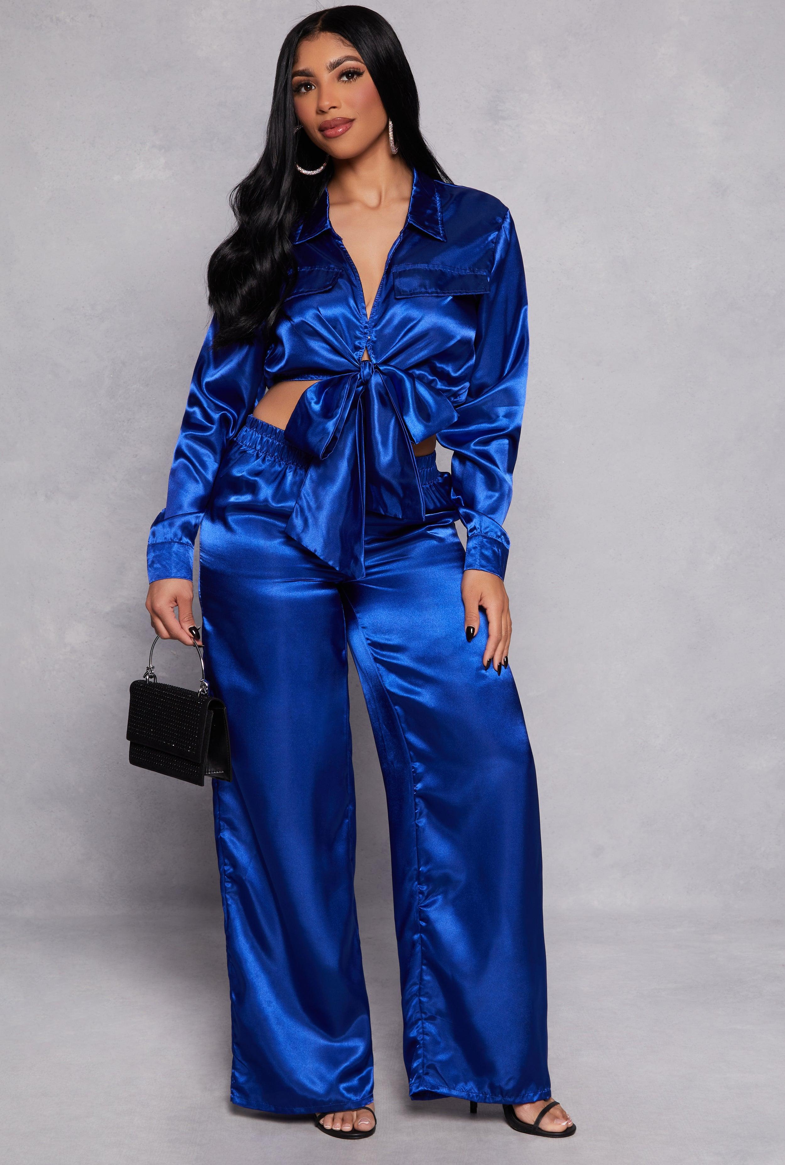 Womens Satin Tie Front Crop Top and Wide Leg Pants Product Image