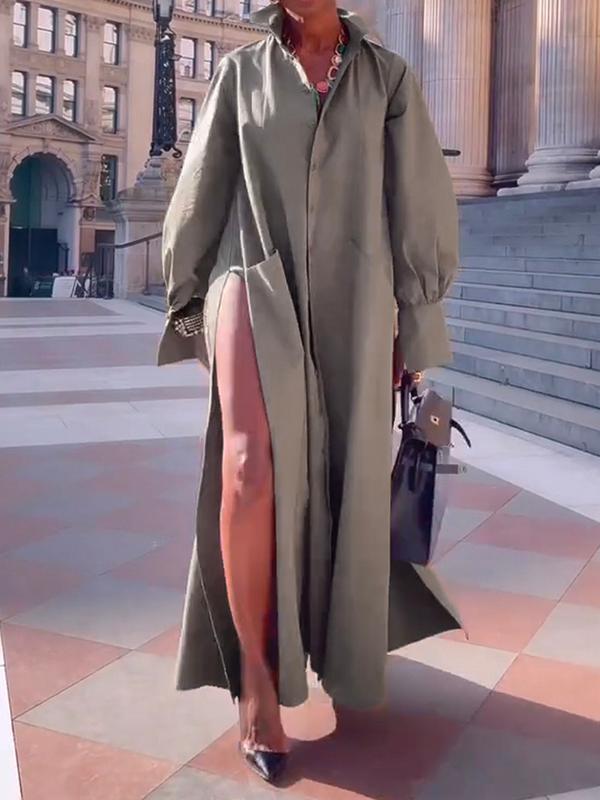 Long Sleeves Loose Solid Color Split-Joint Split-Side Lapel Maxi Dresses Shirt Dress Product Image